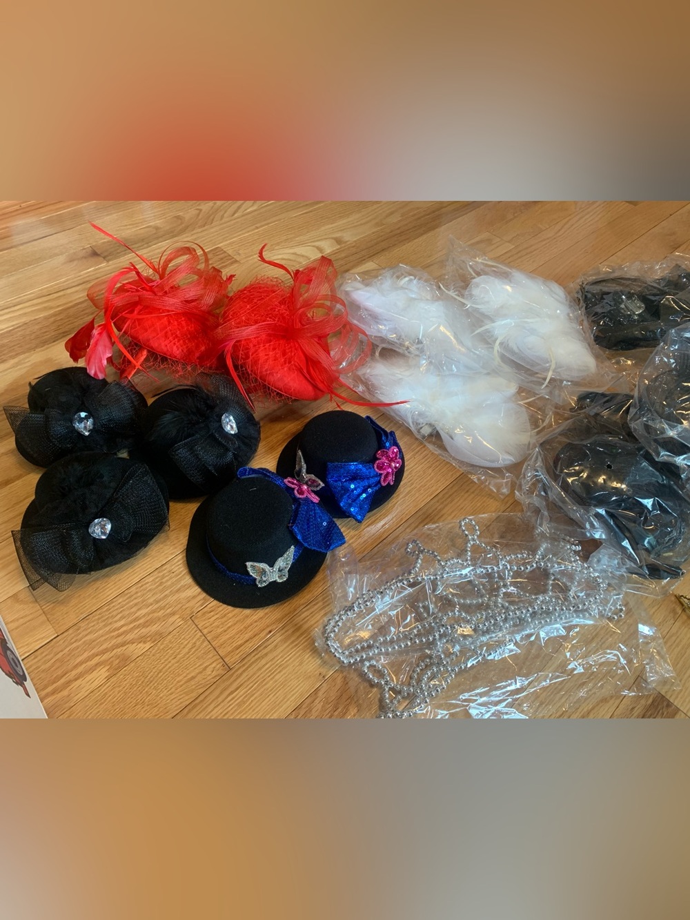 19 pieces.  Kids Black Mini Fascinator Hat with Blue Sequin Bow and Pink Flower